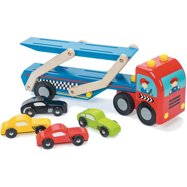 Wooden Toy Car Transporter with race cars by Le Toy Van