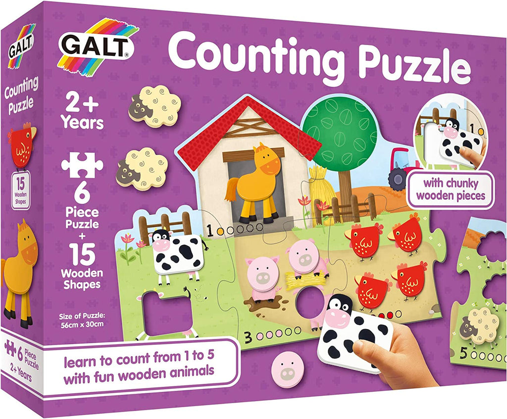 Counting Puzzle - 6 piece wooden puzzle with 15 wooden shapes