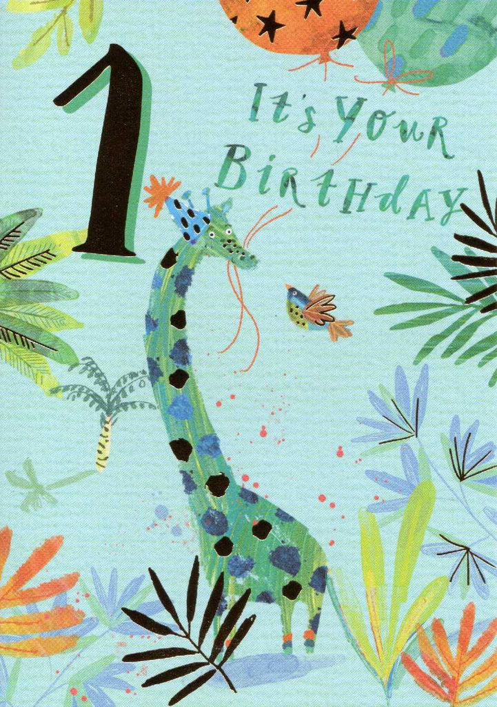Birthday Card - Age 1: blue giraffe in party hat