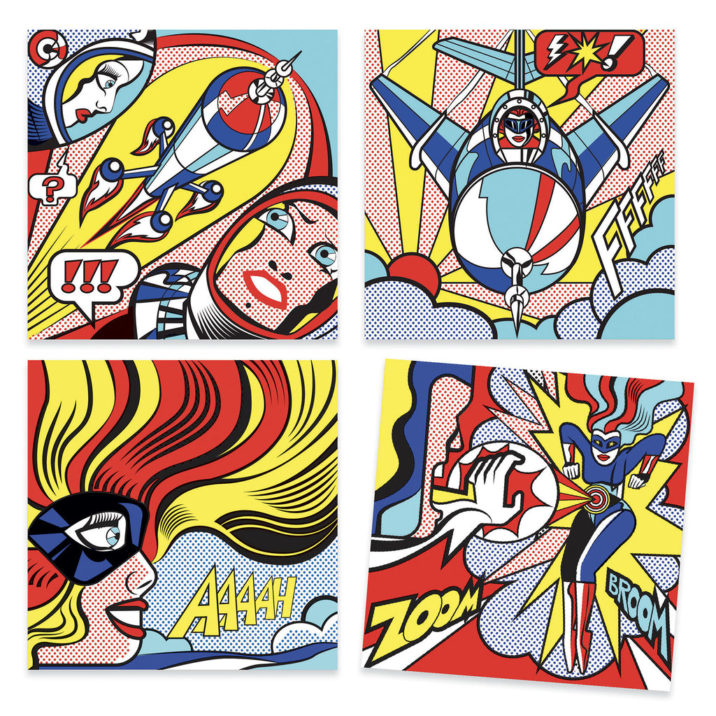 Djeco Superheroes Transfer and Colouring Kit  - Inspired by Roy Lichtenstein.  DJ09376