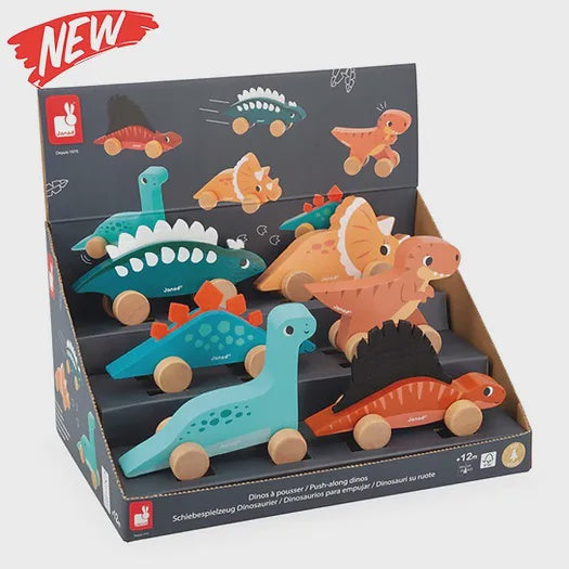 Push Along Dinos - wooden wheeled dinosaur toys